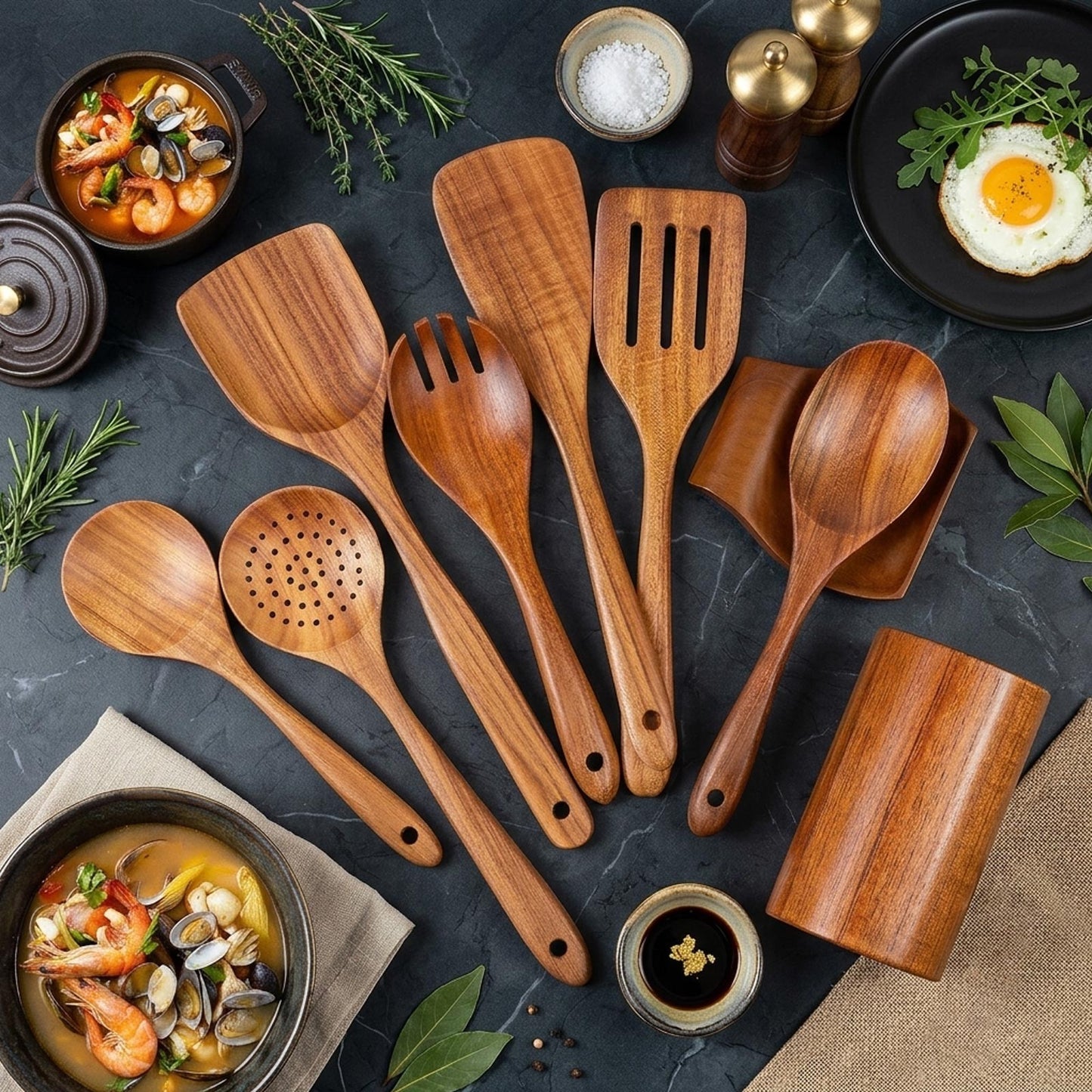 Natural Wooden Kitchen Utensil with Spoon Rest Holder 5-9pcs Cooking Spoon Set
