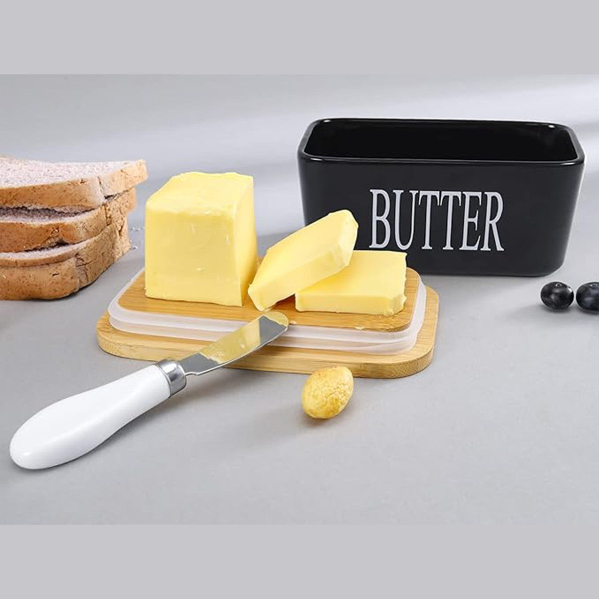 Ceramic Butter Dish Holder Wooden Lid Knife Fridge Cheese Storage Container AU