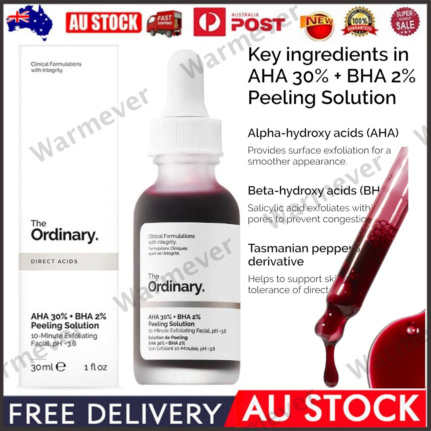 THE ORDINARY AHA 30% +BHA 2% Peeling Solution 30ml – Clears Blemishes & Pores AU