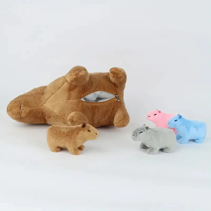 Capybara Family Plush Set – Large Capybara & 4 Small Capybara Soft Toys with Zip