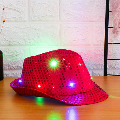 Fashion Light Up Dress Dance Party Sequin Panama Cap Jazz Hat Led Fedora Trilby