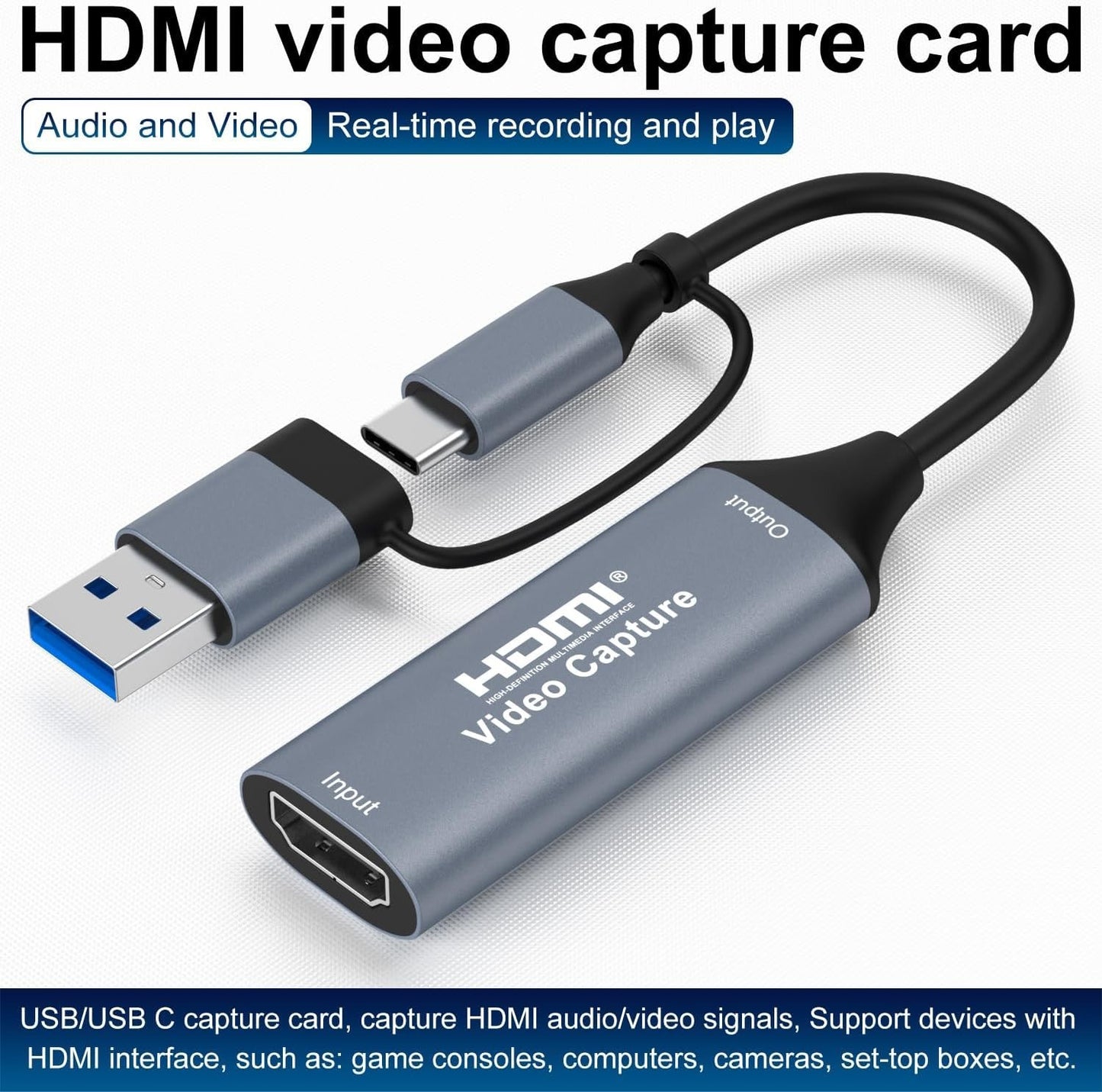 1080P Capture Card 4K HDMI-compatible to USB-A/USB-C USB2.0 Capture Video Audio Recording for OBS Studio PotPlayer QT Player