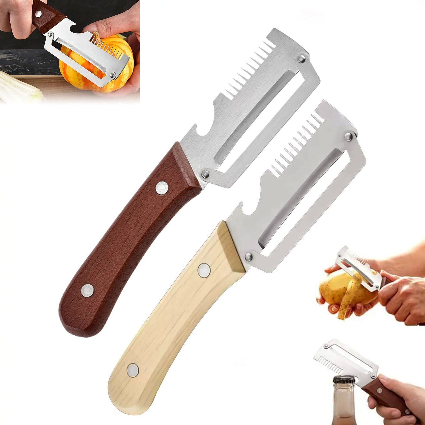 2pcs Stainless Steel Vegetable Peeler Wooden Handle Potato Slicer Kitchen Tool