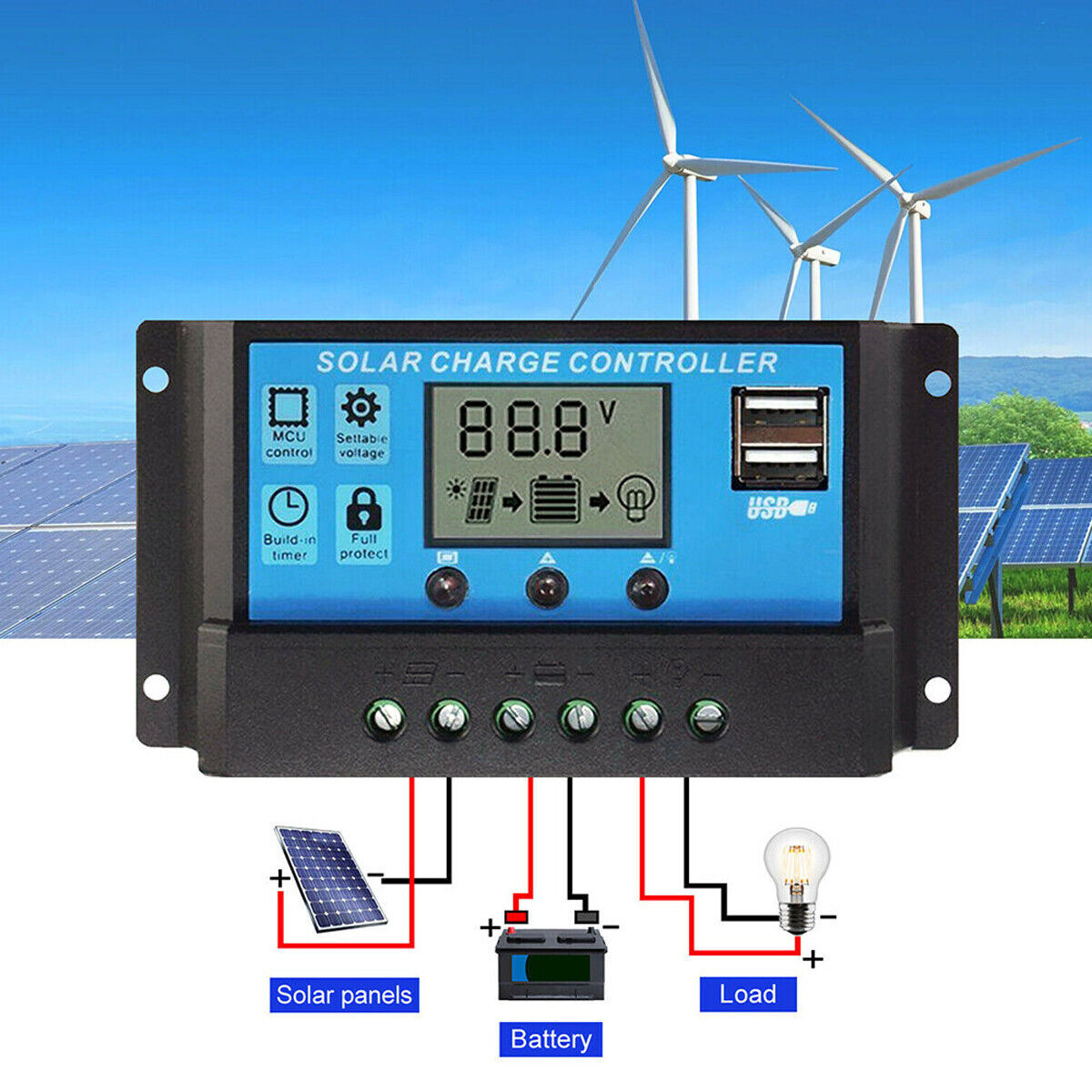 20A Solar Charge Controller 12/24V Battery Regulator with 2 USB Port LCD Display