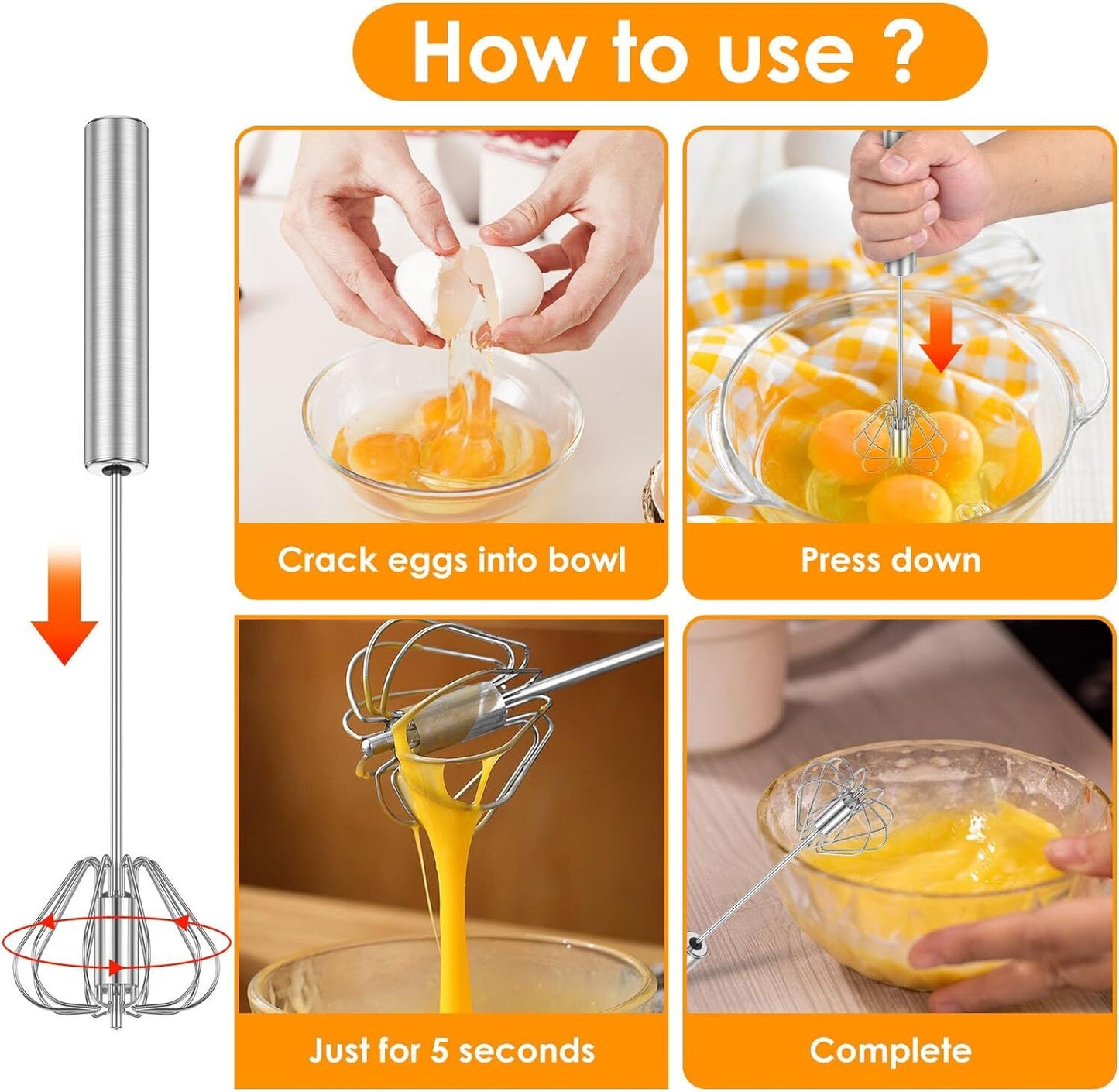 Stainless Steel Semi-Automatic Whisk Hand Push Rotary Whisk Blender Stirrer Tool