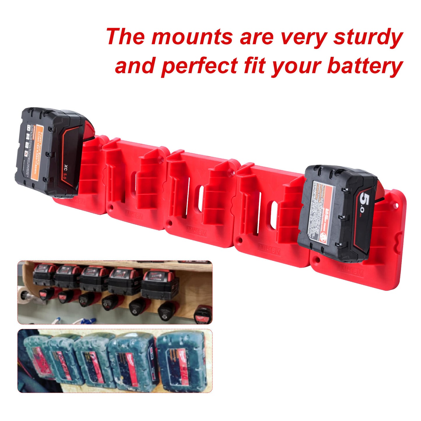 UP 10x Battery Mounts Storage Holder Rack Compatible with Milwaukee M18 18V Tool Battery Red