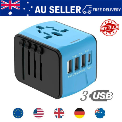 Travel Adapter Universal Power Plug UK EU AU US Sockets International 3USB Type-