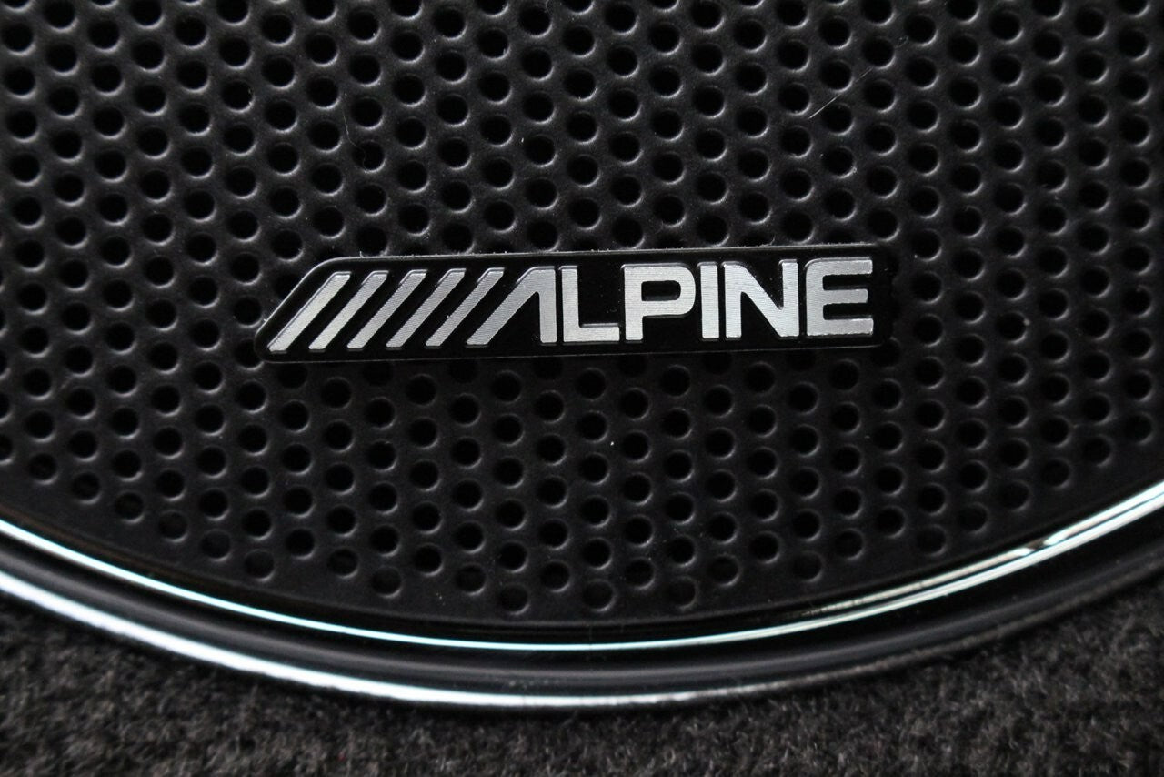2 x ALPINE BADGE SPEAKER STICKER EMBLEM 53mm x 9mm adhesive back