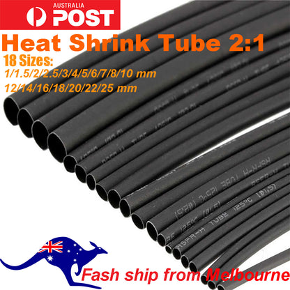Heat Shrink Tube Black 2M Tubing Cable Insulation & Wire Sleeve Ratio 2:1