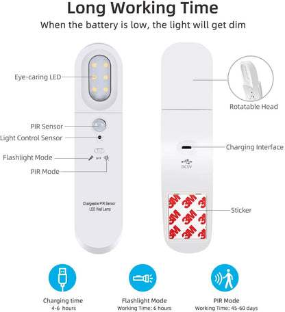 Motion Sensor PIR Light Cordless USB Rechargeable LED Night Light Closet Stair