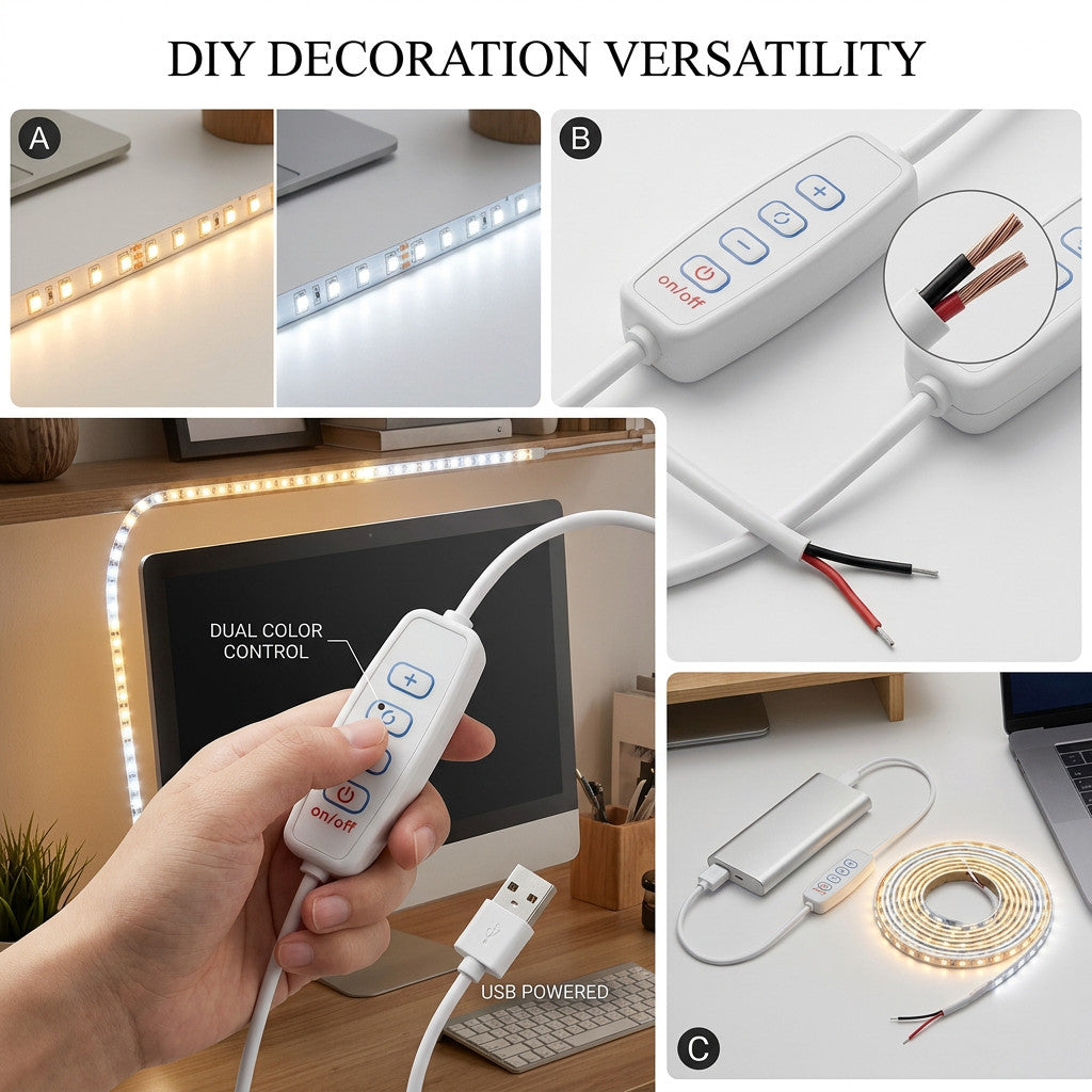 USB LED Dimmer Controller 5V DC Dual Tri Color Switch Cable for DIY Strip Light