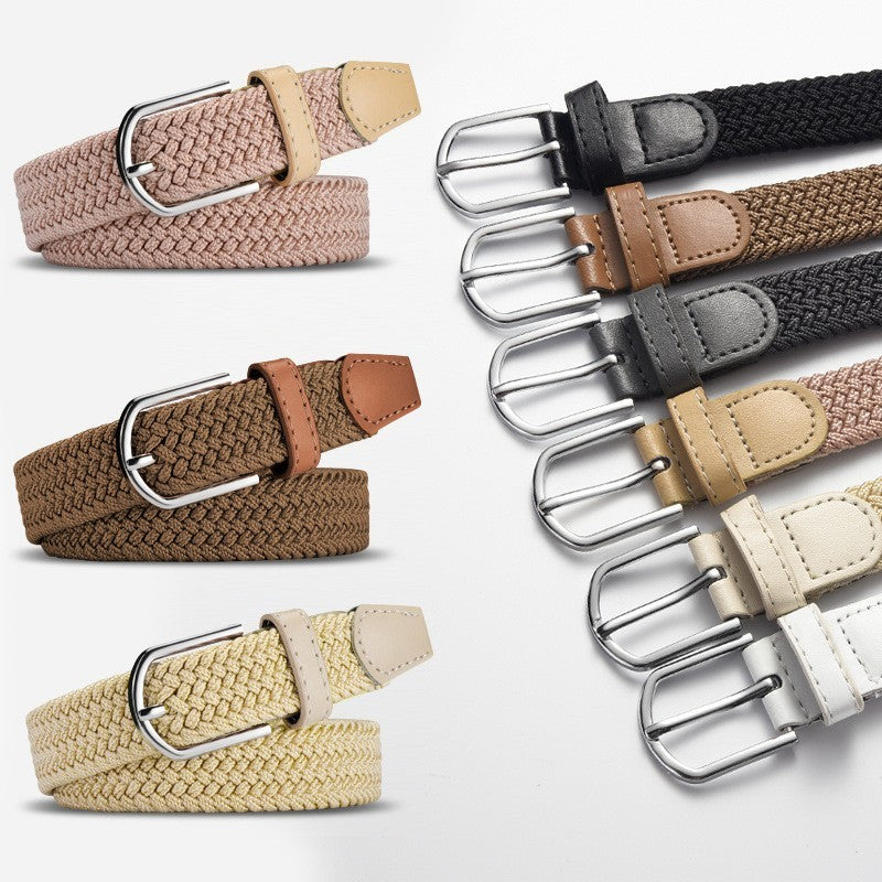 25mm Wide Stretch Belt Braided Elastic Woven Belt Silver Buckle Jeans