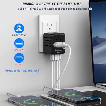 Universal Travel Power Adapter USB-C 3 USB-A Worldwide Plug Black