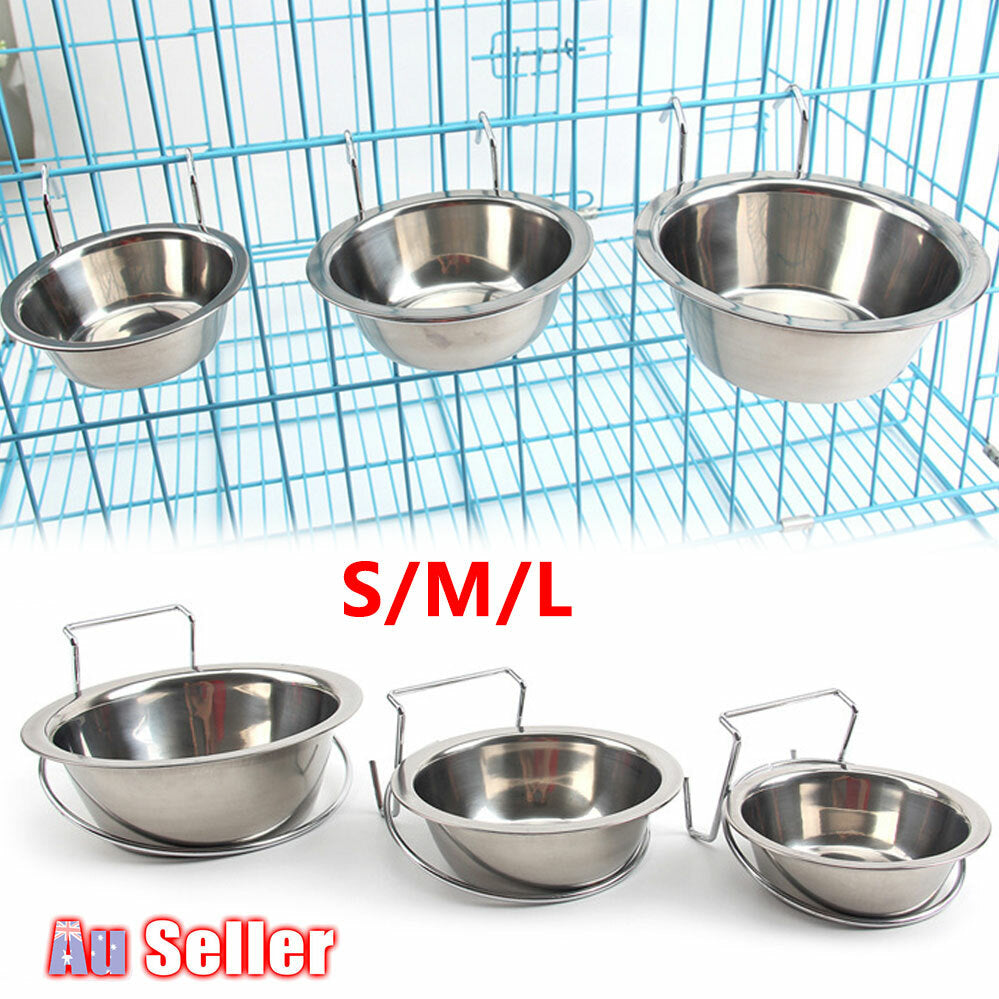Pet Bowl Dog Food Cage Crate Water S/M/L Hang-on Stainless Steel Metal Cat