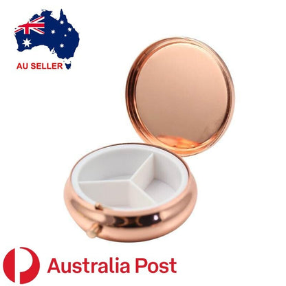2 X Pill Container Pill Box Tablet Holder Medicine Metal Rose Gold Case Round