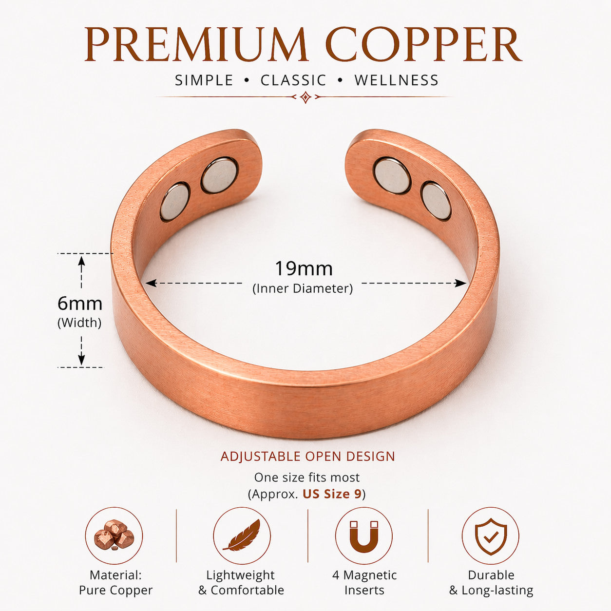 Pure Copper Magnetic Healing Therapy Arthritis Open Ring Weight Loss Pain Relief