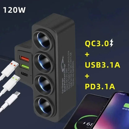 4Way 12-24V Car Cigarette Charger Lighter Socket Splitter Power USB Adapter Port