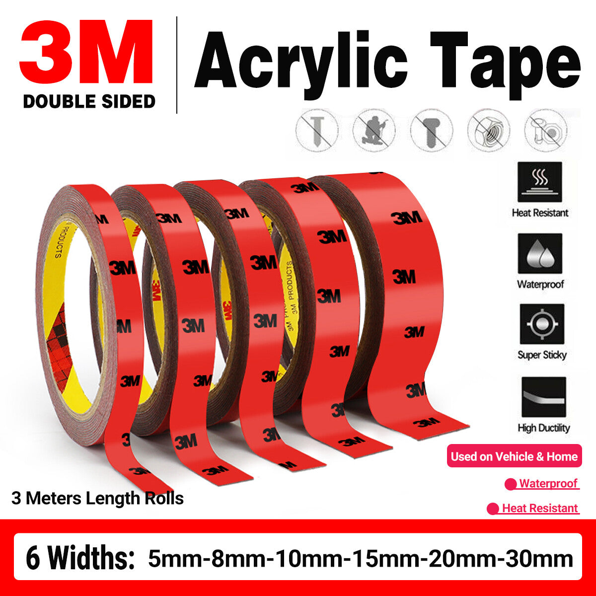 3M Strong Permanent Double Sided Super Sticky Tape Roll for Crafts and Vehicles