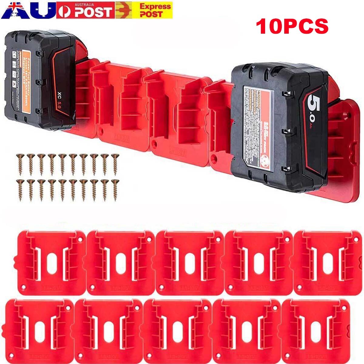 5/10x Battery Mounts Storage Holder Rack Compatible with Milwaukee M18 18V Tool Battery Red