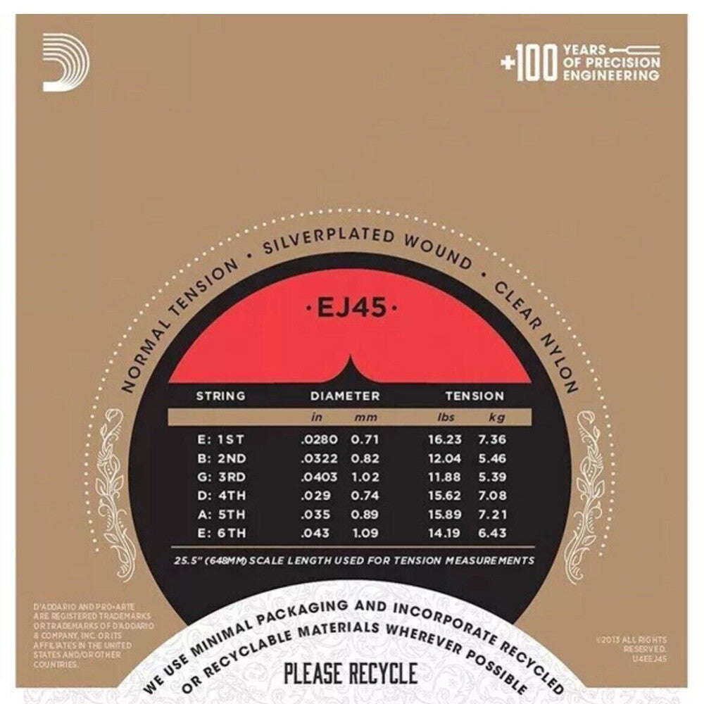 D'Addario EJ45/49 Pro-Arte Black Nylon Classical Guitar Strings, Normal Tension