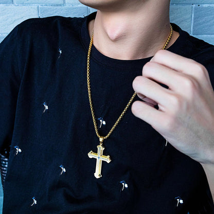 Man Real Stainless Steel Gold Silver Black Cross Bible Pendant Chain Necklace