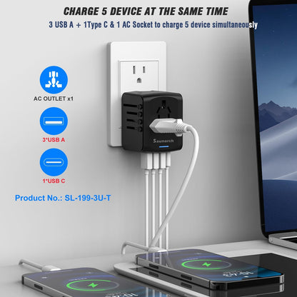 Universal Travel Power Adapter USB-C 3 USB-A Worldwide Plug Black