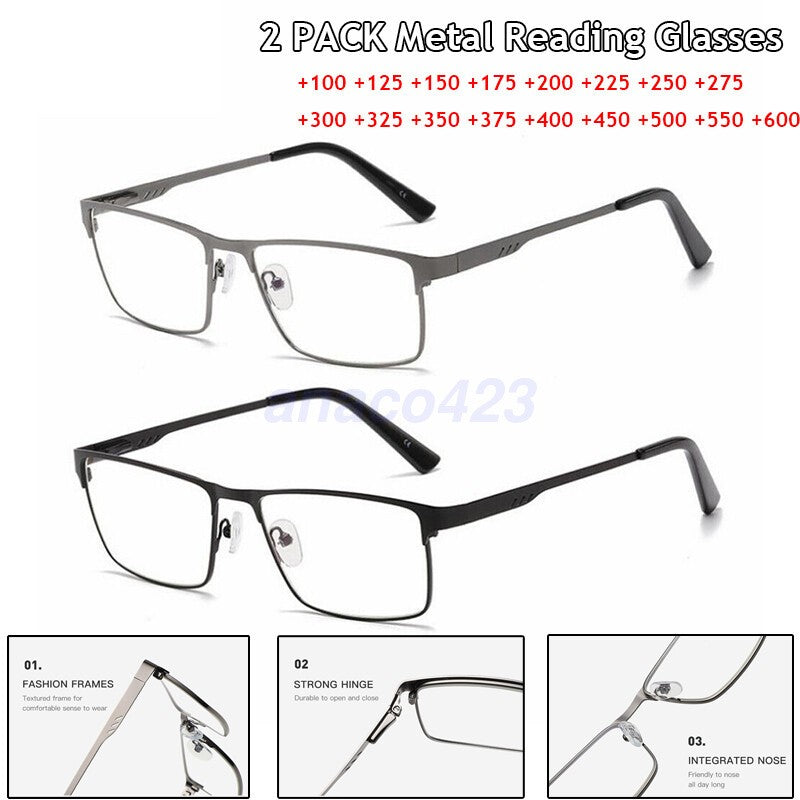 2PACK Men Square Metal Frame Spring Hinge Reading Glasses Eyeglasses +1.0 ~ 6.0