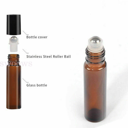 10X 10ml Roller Bottles Amber Thick Glass Steel Roll on Ball for Essential Oils