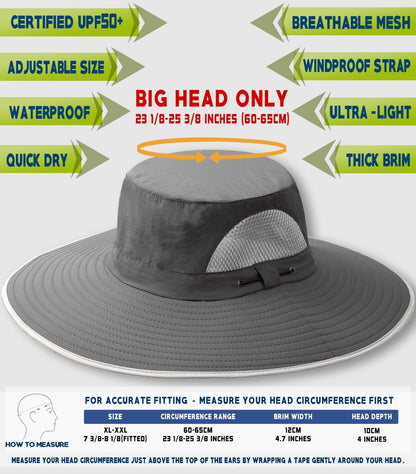 Big Head Sun Hat UPF50 for Large Head, XXL Bucket Hat Men/Women, Waterproof Wide