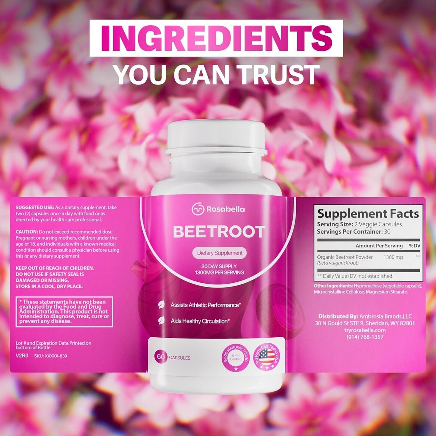 3-PACK Rosabella Beet Root Powder 1300mg Capsules Supports Blood Pressure 60Cts&