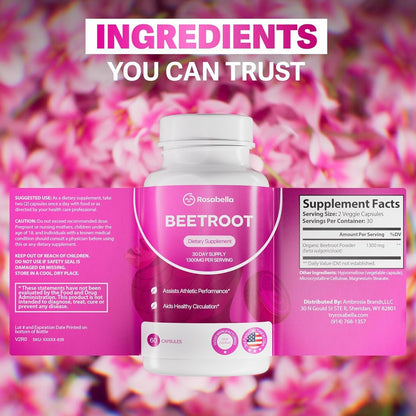 3-PACK Rosabella Beet Root Powder 1300mg Capsules Supports Blood Pressure 60Cts&