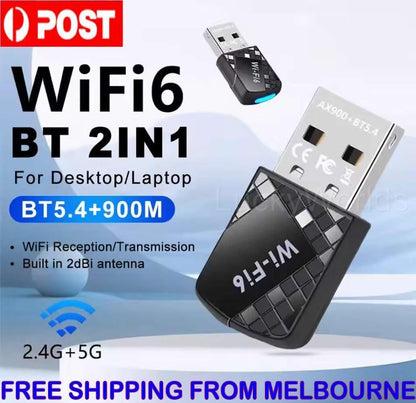 WiFi 6 + Bluetooth 5.4 900M Dual Band 2.4G 5GHz Network Card Dongle Receiver