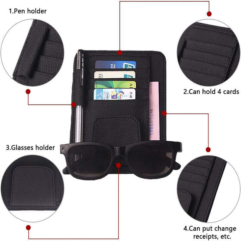 Sun Visor Organizer Sunglasses Holder Card Storage PU Leather Pouch Car Black AU