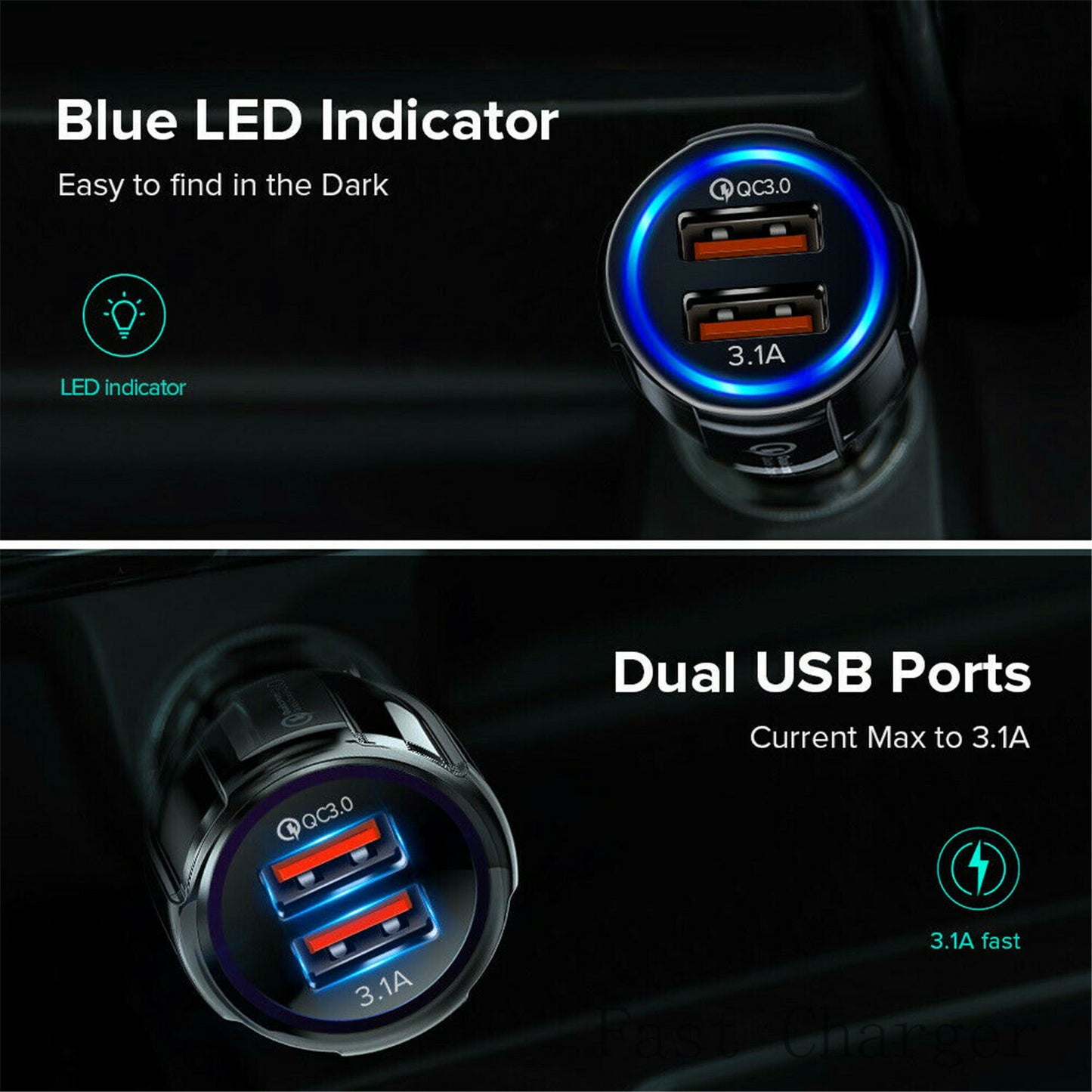 Fast Car Charger 3.1A USB Quick Charger 2 Port Qualcomm QC3.0 Lighter Socket AU