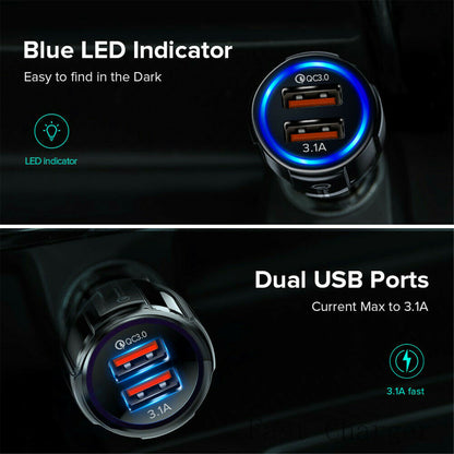 Fast Car Charger 3.1A USB Quick Charger 2 Port Qualcomm QC3.0 Lighter Socket AU