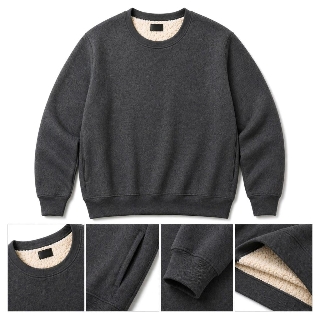 Unisex Sherpa Lined Jumper Warm Fleece Sweatshirt Winter Crewneck Jumpers Casual