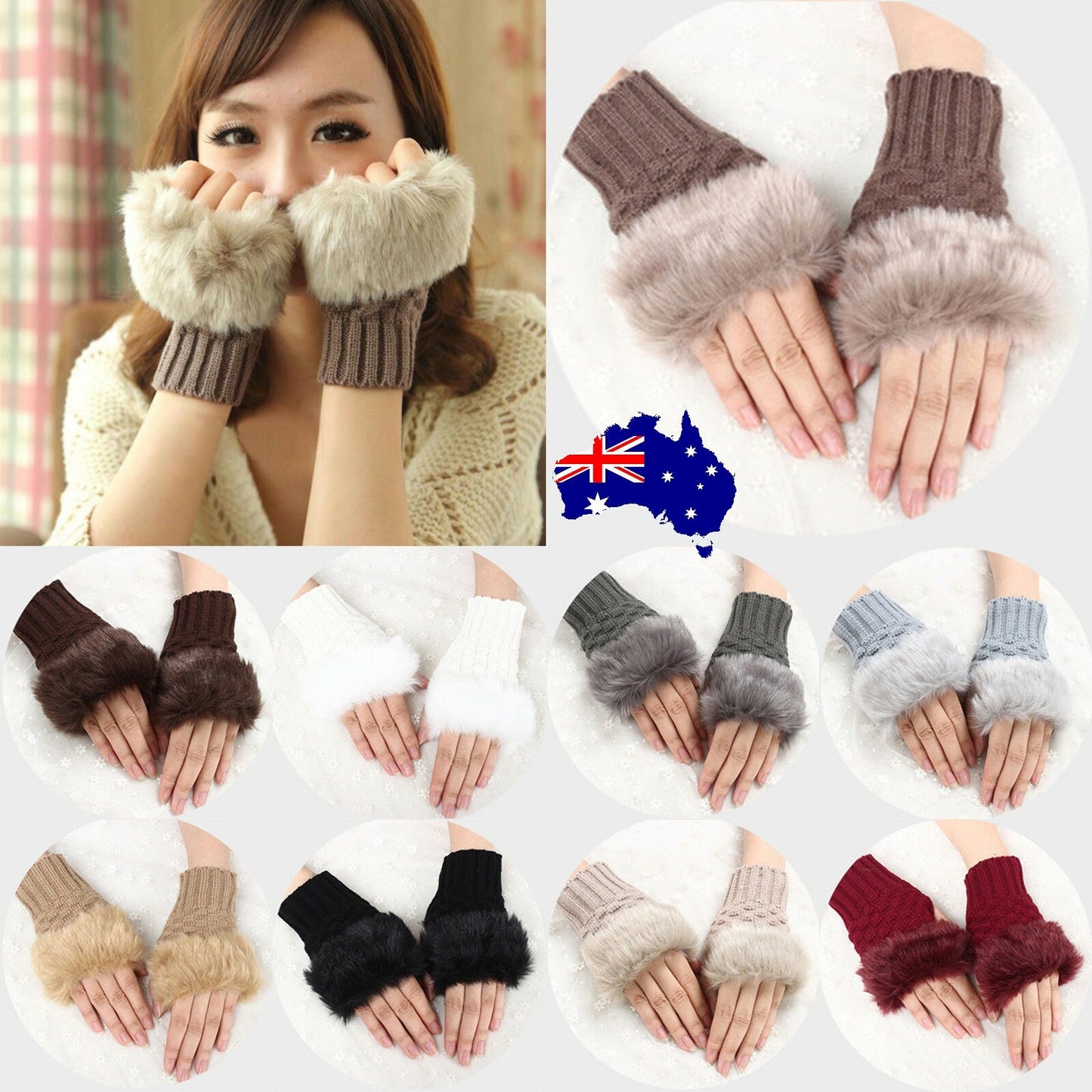 Winter Knitted Faux Fur Fingerless Gloves Women Wrist Hand Soft Warm Mittens