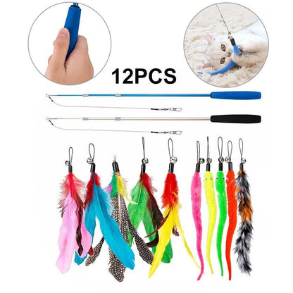 12PCS Kitten Cat Feather Toy Bell Wand Teaser Rod Interactive Play Pet Toys Gift