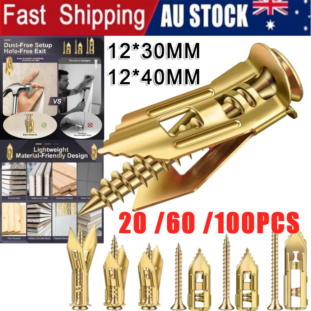 50-100PC Drywall Self-Drilling Anchors With Screws Kit No Drill Or Holes In Wall