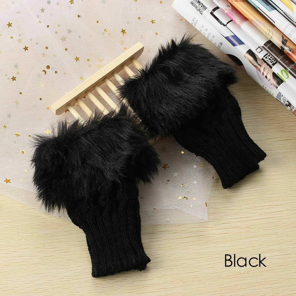 Winter Knitted Faux Fur Fingerless Gloves Women Wrist Hand Soft Warm Mittens