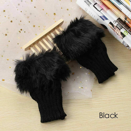 Winter Knitted Faux Fur Fingerless Gloves Women Wrist Hand Soft Warm Mittens