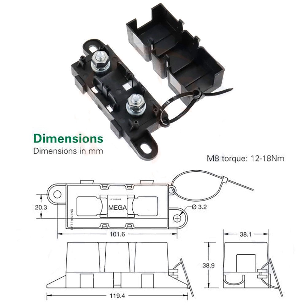 MEGA Fuse Holder Block & Bolt-On Fuse Kit M8 32V Dual Battery 4x4 Caravan Boat