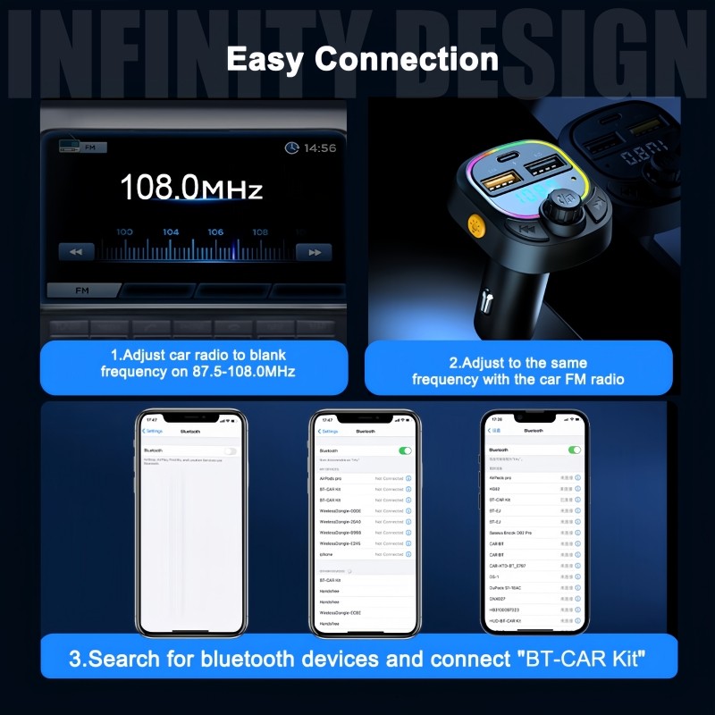 Bluetooth 5.0 Wireless Radio Car FM Transmitter PD Dual USB Charger MP3 Player