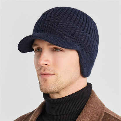 Winter Warm Thick Wool Beanie Hat Men's Knit Cap with Brim Cycling Cap