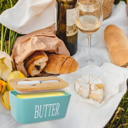 Ceramic Butter Dish Holder Wooden Lid Knife Fridge Cheese Storage Container AU
