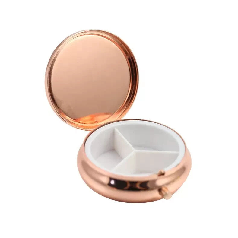 2 X Pill Container Pill Box Tablet Holder Medicine Metal Rose Gold Case Round