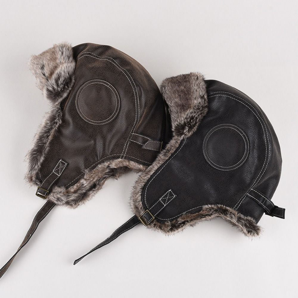Leather Ski Ushanka Faux Fur Lined Snow Cap With Ear Flap Winter Trapper Hat