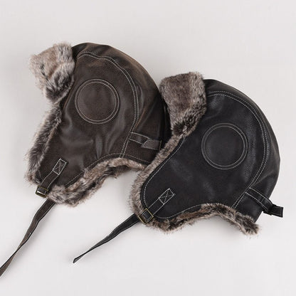Leather Ski Ushanka Faux Fur Lined Snow Cap With Ear Flap Winter Trapper Hat