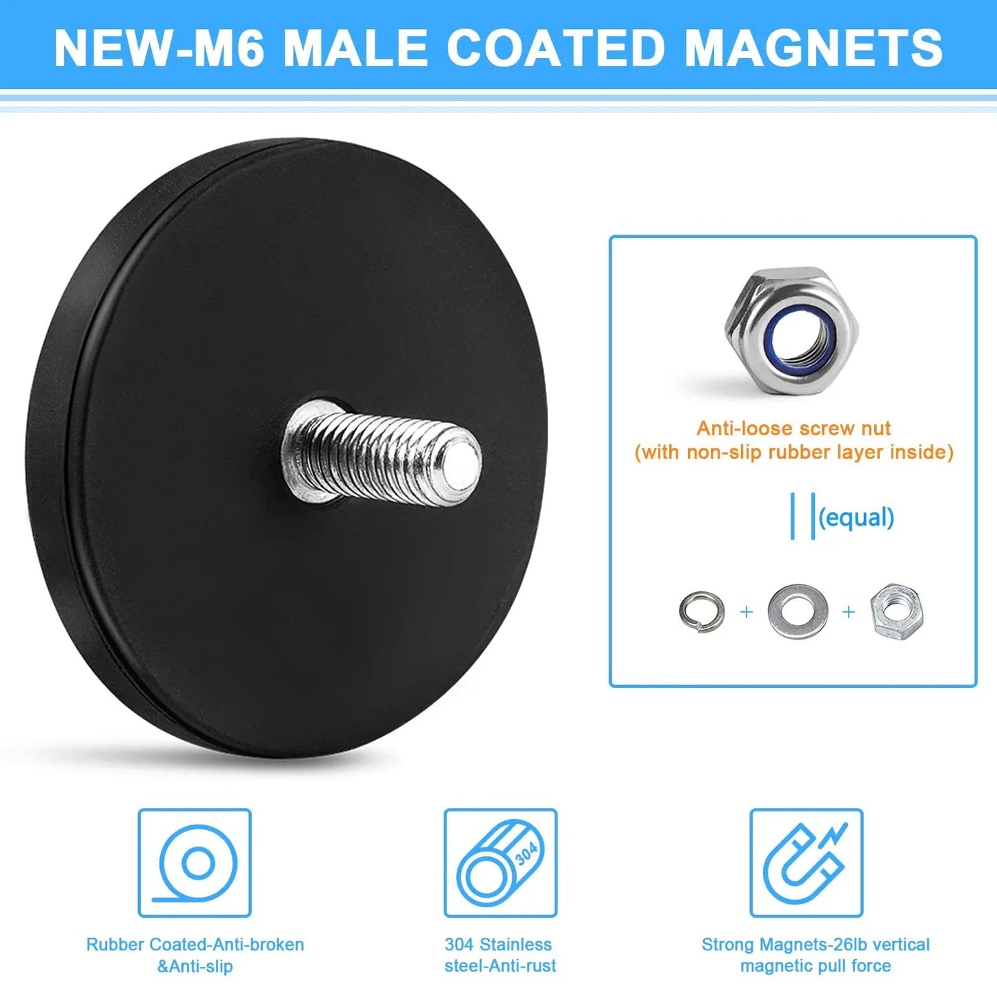 6pcs Rubber Coated Magnet M6 Magnetic Base Heavy Duty Magnetic Mount Holder