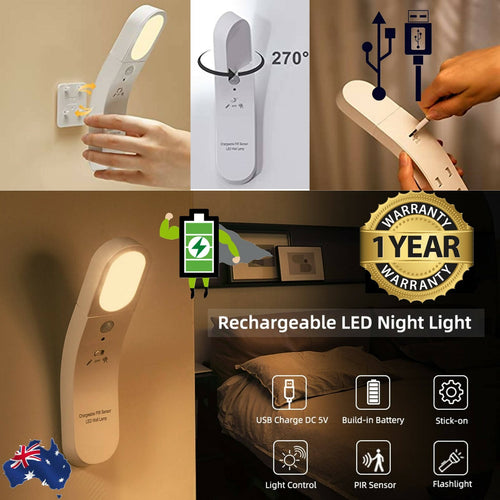 Motion Sensor PIR Light Cordless USB Rechargeable LED Night Light Closet Stair